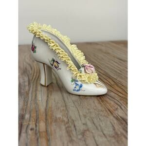 Dresden vintage applied lace hand painted flowers porcelain high heel shoe